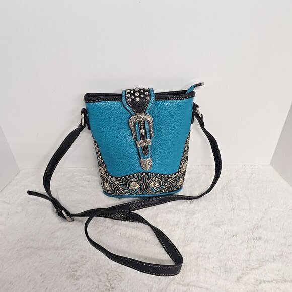 P&G Turquoise Faux Leather Western Bling Rhinestone Crossbody Bag - Picture 16 of 16